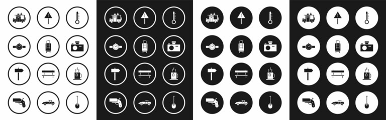 Set Meteorology thermometer, Suitcase, Wrist watch, Rv Camping trailer, Photo camera, Exclamation mark triangle, Cup of tea with tea bag and Road traffic signpost icon. Vector