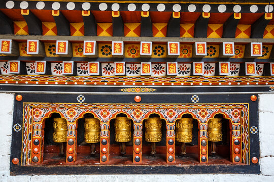 Prayer wheels - Trashi Chhoe Dzong monastery in Thimphu, Bhutan, Asia