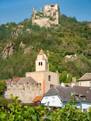 Obraz premium Old town and castle ruin. Historic town Durnstein located in wine-growing area, UNESCO World Heritage Site. Lower Austria