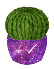 Cute cartoon cactus clip art illustration in space flowerpot. Bright watercolor succulent with starry sky isolated on white. Handdrawn prickly green house plant for magic stickers or celestial design