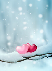 Red hearts on snowy tree branch in winter. Holidays happy valentines day. Love concept.