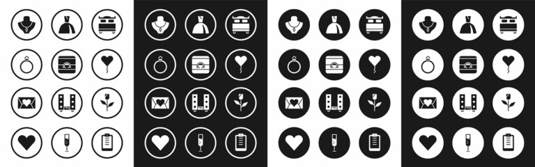 Set Bedroom, Wedding rings, Diamond engagement, Necklace mannequin, Balloon form of heart, Woman dress, Flower rose and Envelope with Valentine icon. Vector