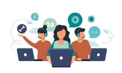 Customer service, hotline operators consult customers with headsets on computers, 247 global online technical support, Call center, call processing system, Vector illustration
