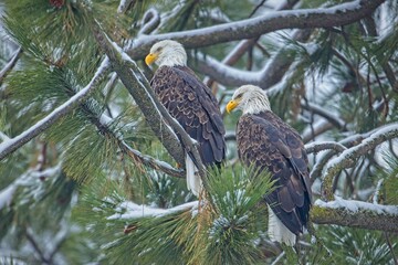 Two bald eagles perched in a tree.