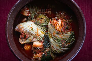 Over view of kimchi in a pot.
