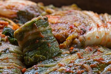 Close up of freshly made kimchi.