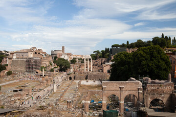 Panoramic view of of the ancient Roman Forum from the Capitoline Hill, Italy. View of Ancient Rome...