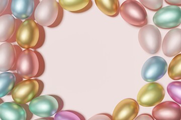 3d render of pastel colored Easter eggs wreath on a pink background