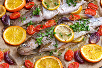 Trout baked with citrus slices, cherry tomatoes, and red onion