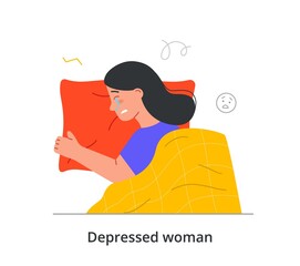 Sad crying woman concept. Frustrated female character lies in bed and sheds tears into pillow. Unhappy girl with life difficulties and depression. Cartoon contemporary flat vector illustration