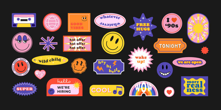 Cool trendy retro stickers with smile faces, cartoon comic label patches. Funky, hipster retrowave stickers in geometric shapes. Vector illustration of y2k , 90s graphic design badges