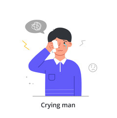 Sad crying man concept. Frustrated confused man wipes his tears with napkin. Unhappy character from grief. Negative emotions or problems. Life difficulties. Cartoon modern flat vector illustration