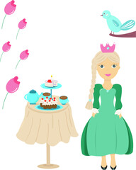 Vector greeting card or invitation template for kids party. baby shower, birthday, graduation and etc. Illustration of princess, birthday cake, roses, bird. 