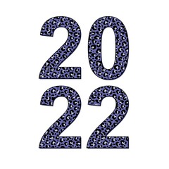 Vector illustration of numbers 2022 for New Year with leopard print of Very Peri color on white background. Trendy periwinkle blue hue, viviflying violet red color..