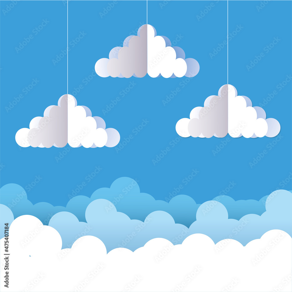 Poster set white paper cloud in flat style with shadow. illustration on blue background. paper cloud. longs