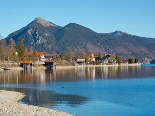 Village Walchensee at lake Walchensee in the Bavarian Alps, Germany, Bavaria