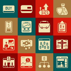 Set Website with growth graph, Stacks paper money cash, Business finance report, Financial and coin, Mobile dollar, Buy button and Briefcase icon. Vector