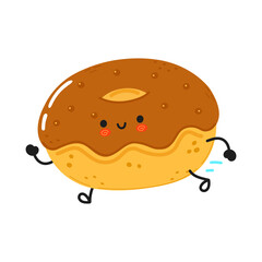 Cute funny running chocolate donut. Vector hand drawn cartoon kawaii character illustration icon. Isolated on white background. Run chocolate donut concept