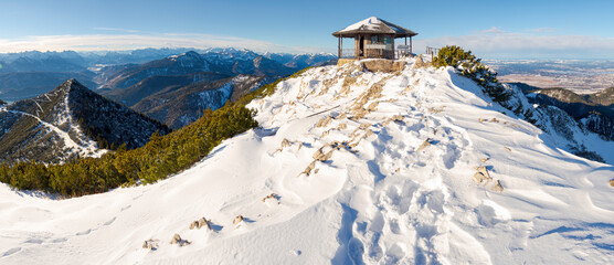 View towards the summit pavilion. View from Mt. Herzogstand near lake Walchensee. Germany, Bavaria