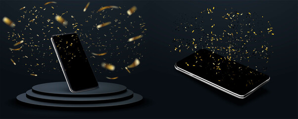 Stage empty for decor product, advertising, show, contest, award. Winner concept. Modern mockup. Mobile phone mockup with blank screen in different isometric perspective. Vector illustration