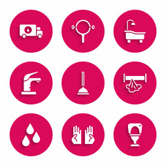 Set Rubber plunger, gloves, Toilet bowl, Broken pipe, Water drop, tap, Bathtub and Plumber service car icon. Vector