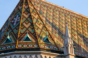 Hungary, Budapest. Detail of tiled roof of Matthias Church.