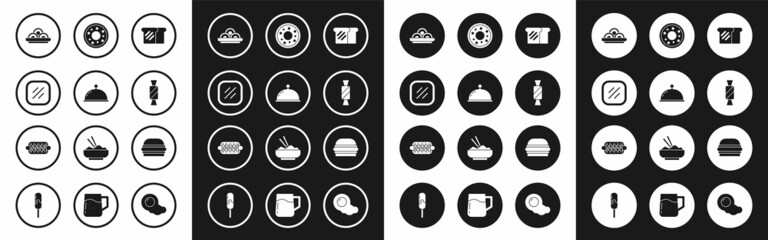 Set Bread toast, Covered with tray, Steak meat, Asian noodles in bowl, Candy, Donut, Burger and Hotdog sandwich icon. Vector