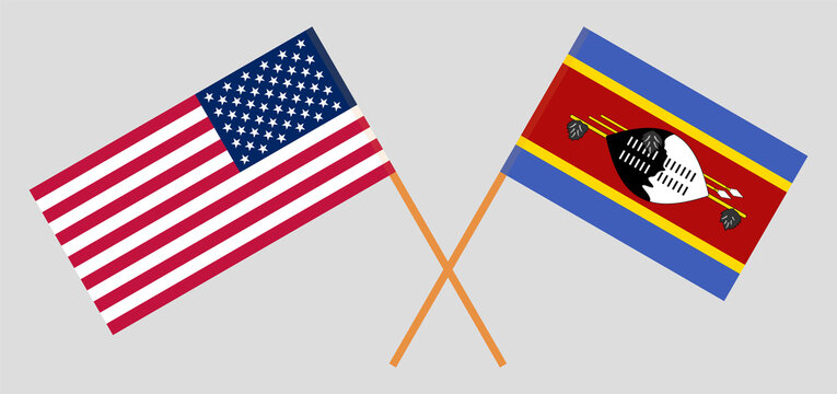 Crossed flags of the USA and Eswatini. Official colors. Correct proportion