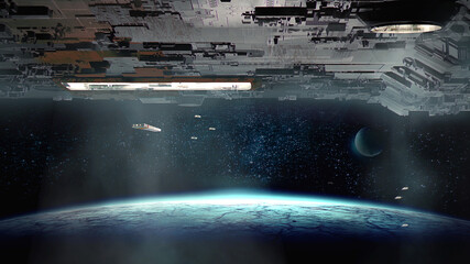 Giant space station with ships exiting brightly lit dock to descent to a nearby planet - 3d illustration © Dominick