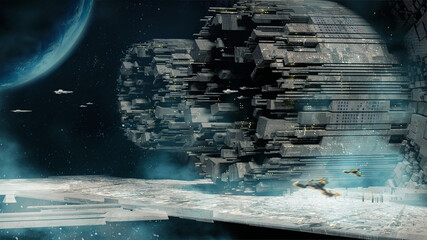 Digital painting of a space station in outer space with ships entering the dock - 3d illustration