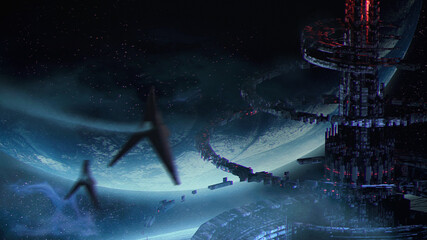 Digital painting of space ships flying towards a giant station of the surface of a distanct planet - 3d illustration