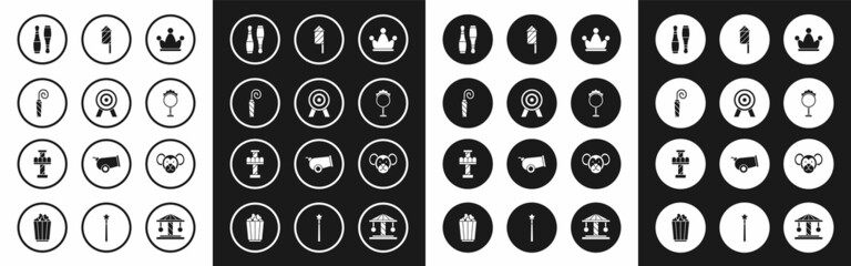 Fototapeta premium Set Jester hat with bells, Target, Birthday party horn, Bowling pin, Circus fire hoop, Firework rocket, Monkey and Attraction carousel icon. Vector