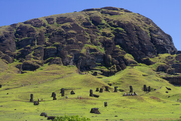 Moai stone sculptures at Rano Raraku, Easter island, Chile.