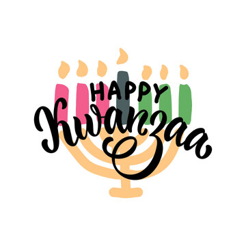 Happy Kwanzaa handwritten text for traditional african american ethnic holiday. Concept design for greeting card with kinara and burning black, red, green colored candles. Hand lettering, calligraphy