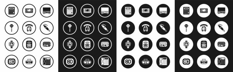 Set Old video cassette player, Telephone handset, Lollipop, Calculator, Fountain pen nib, VHS tape, Pager and Wrist watch icon. Vector