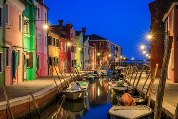 Europe, Italy, Venice. Blue hour on canal in Burano.
