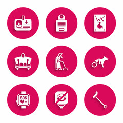 Fototapeta premium Set Grandmother, Blindness, Walking stick cane, Dog wheelchair, Smart watch, Man without legs sitting, Separated toilet for disabled and Identification badge icon. Vector