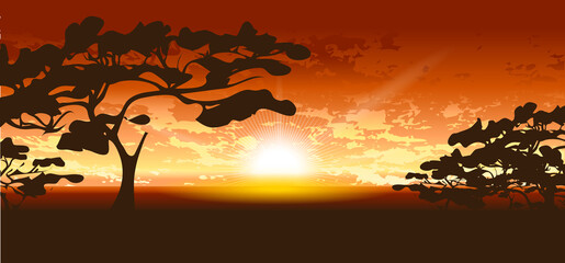 Beautiful sunset  scene with  tree silhouette. Vector illustration