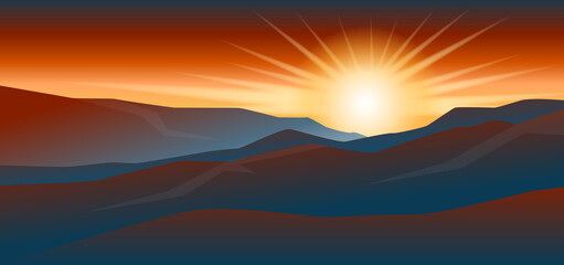 Fototapeta na wymiar Sunrise background. Mountains silhouette with sunset light. Vector illustration