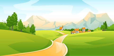 Rural landscape with meadows and mountains. Vector illustration in flat design