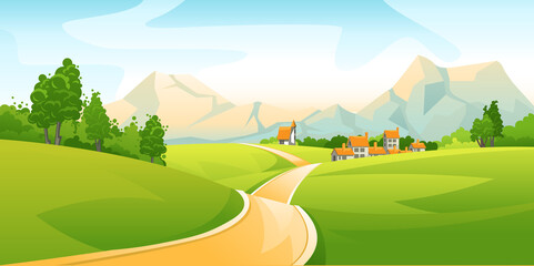 Fototapeta premium Rural landscape with meadows and mountains. Vector illustration in flat design