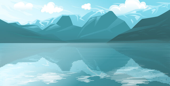 Sky winter background with mountains and lake. Vector design style © andreyorb