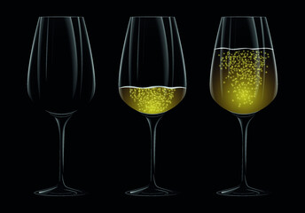 Realistic champagne glasses set. Vector set of empty, half and full luxury glasses. Fully editable vector illustration