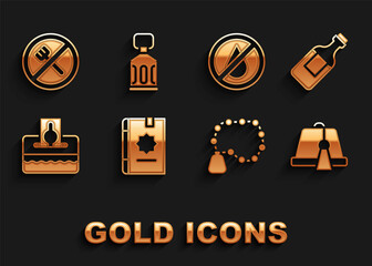 Set Holy book of Koran, Bottle water, Turkish hat, Rosary beads religion, Donate pay your zakat, No, Ramadan fasting and Kareem lantern icon. Vector