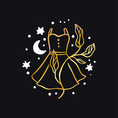 Vector boho woman fashion dress celestial icon - star and moon gold logo