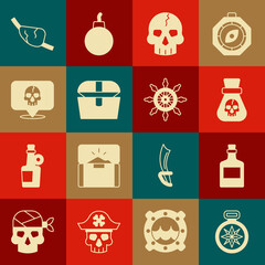 Set Compass, Alcohol drink Rum, Pirate coin, Skull, Antique treasure chest, eye patch and Ship steering wheel icon. Vector