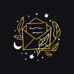 Vector boho letter, mail celestial icon - star and moon gold logo