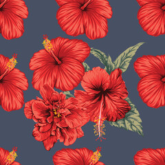 Seamless pattern tropical floral with red Hibiscus flowers abstract background.Vector illustration hand drawing dry watercolor style.For fabric pattern print design.
