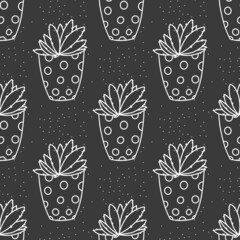 Seamless succulent and cactus plants seamless pattern. Vector tropical illustration of desert flowers in a pot. Hand drawn line doodle nature print. Black and white art,