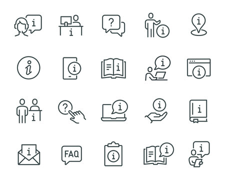 Info And Help Desk Icons Set. Information Center, Reading Guide, Customer Service, Consulting, And Other. 